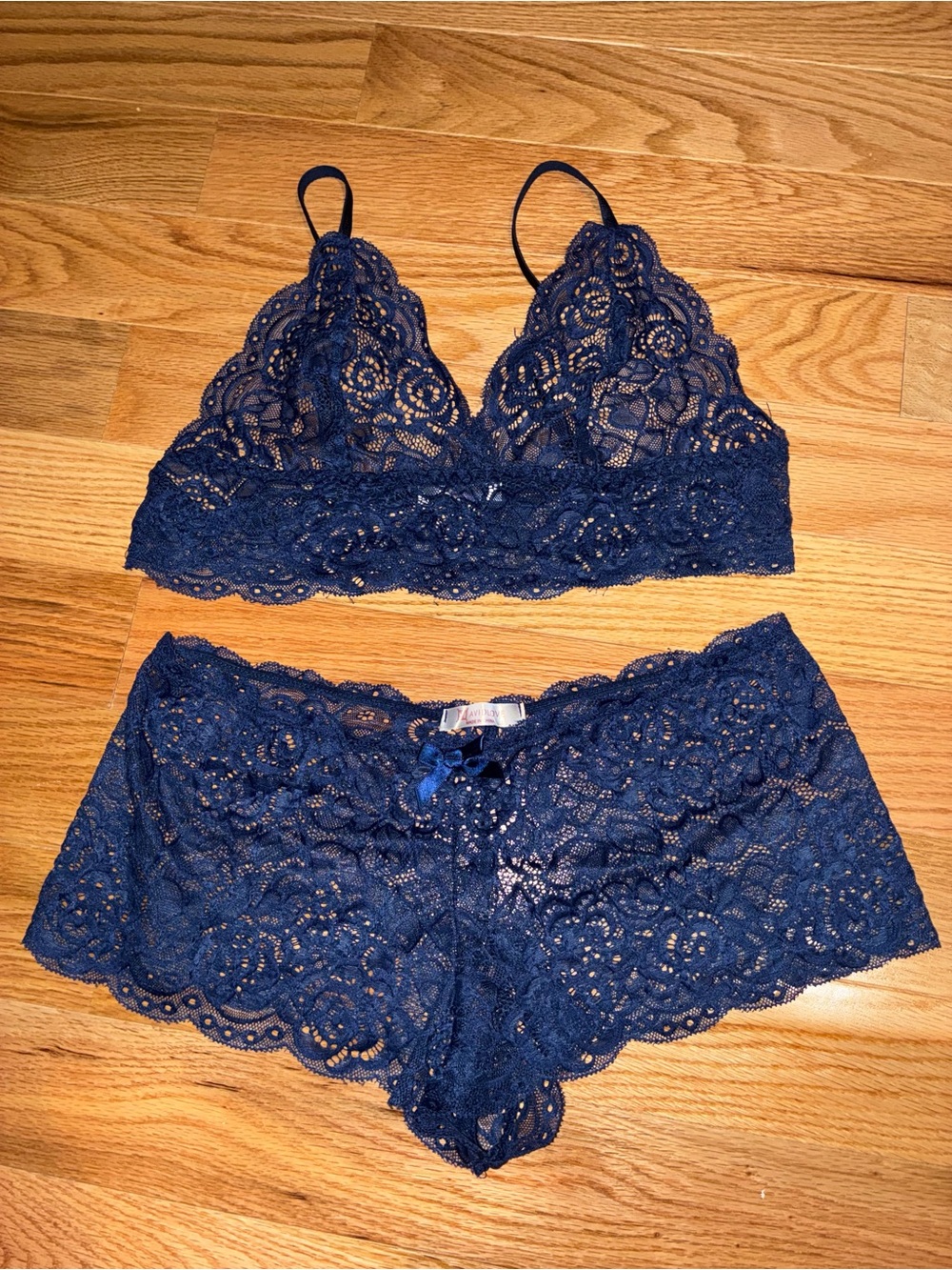 Navy Lace Bralette & Lace Boyshorts Set - Women Intimates